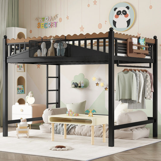 Full Size Loft Bed with Ladders and Storage Shelves, black metal frame and wood rail on Tampa Home & Garden Store