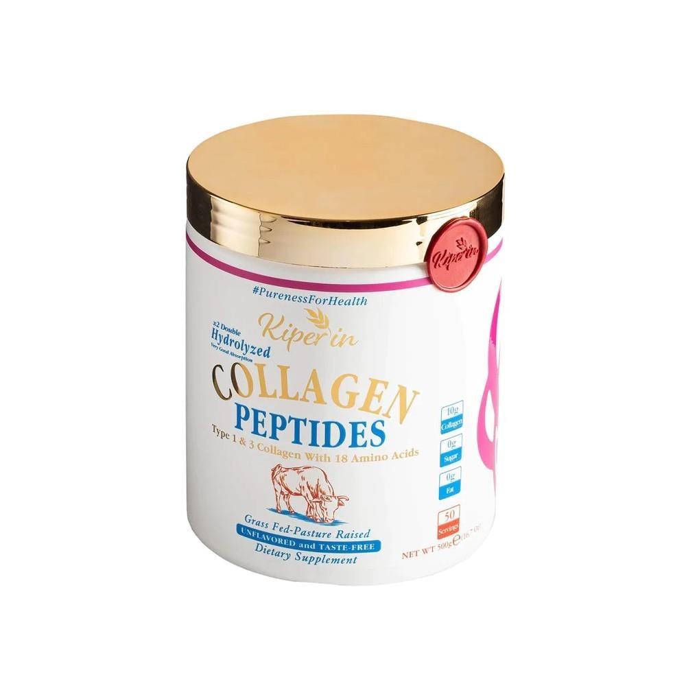 Kiperin Collagen Peptides 500g tub with gold lid and white label Beauty Care Bag brand on Tampa Home & Garden Store