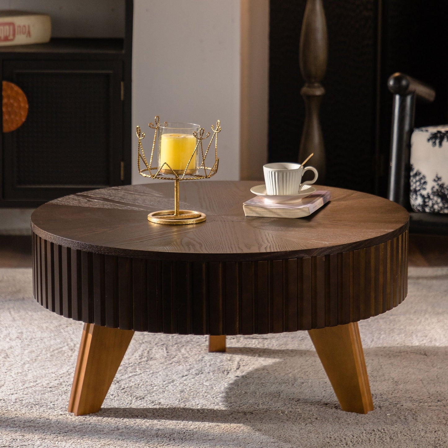 Round Retro Coffee Table with Solid Wood Legs