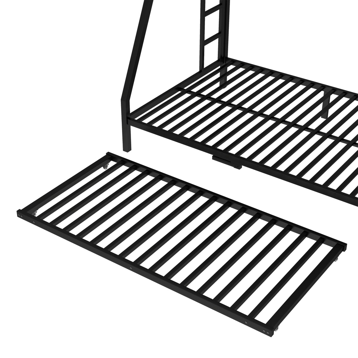 Black metal twin over full bunk bed frame with ladder and twin trundle on Tampa Home & Garden Store