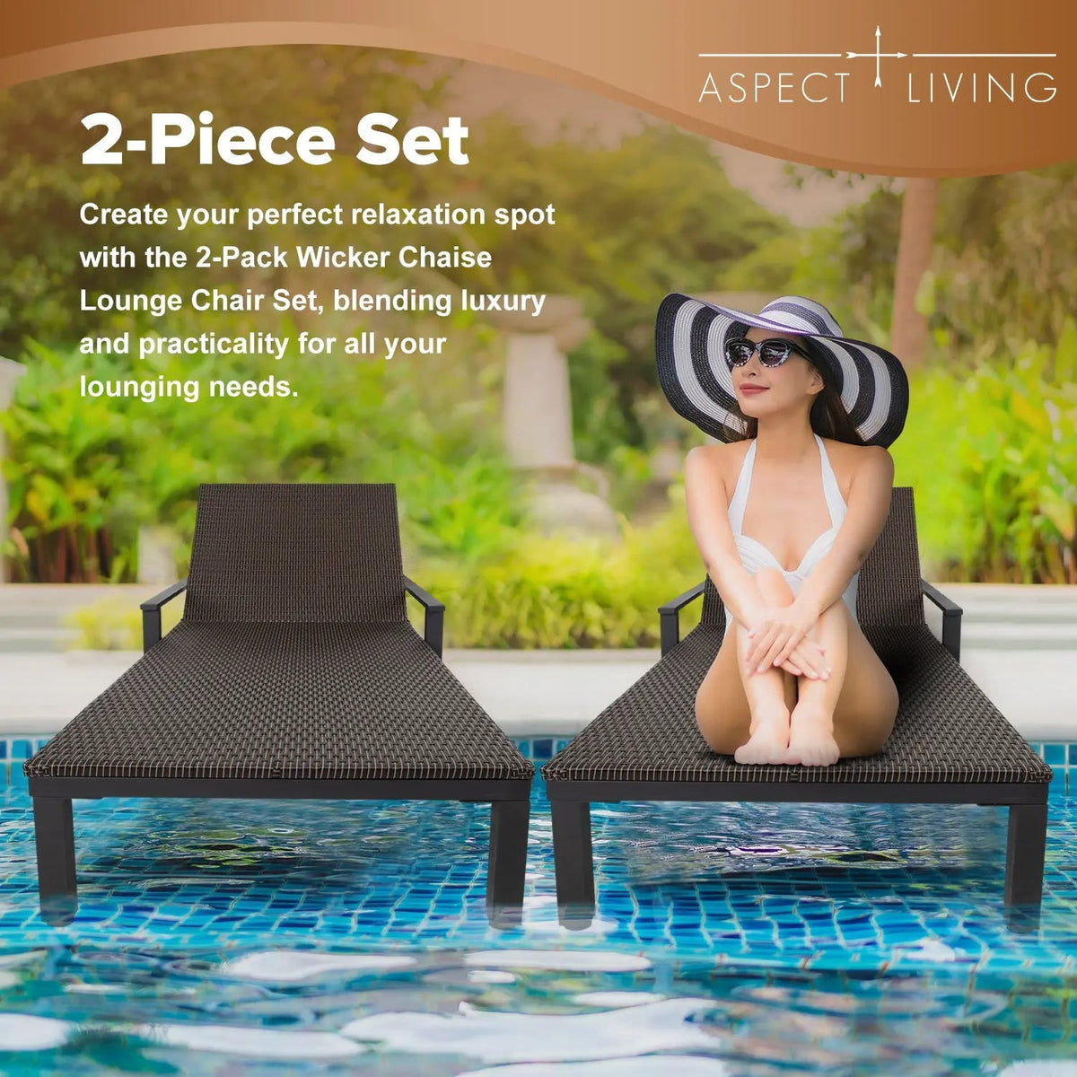 65465 Biscayne Wicker Chaise Set, Aspect Living 2-piece sunloungers on steel frames on Tampa Home & Garden Store
