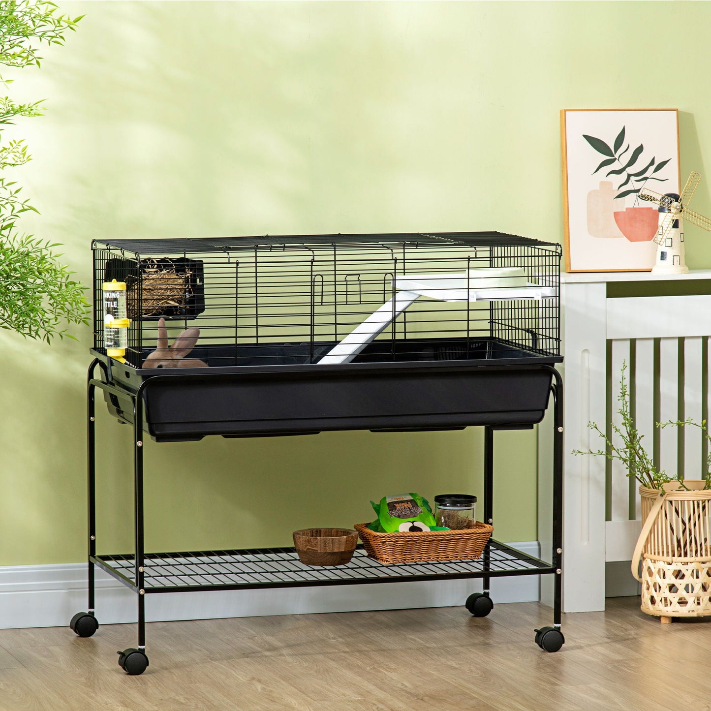 Pawhut two-story small animal cage on wheeled stand with shelf in black on Tampa Home & Garden Store