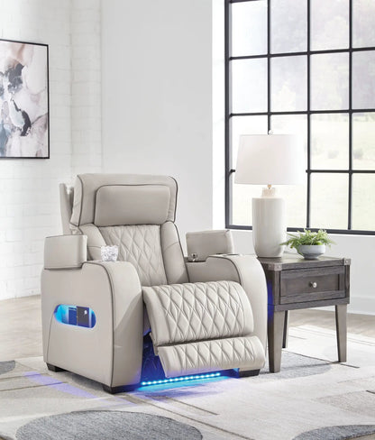 Boyington power recliner with adjustable headrest, quilted gray leatherette, blue LED base on Tampa Home & Garden Store