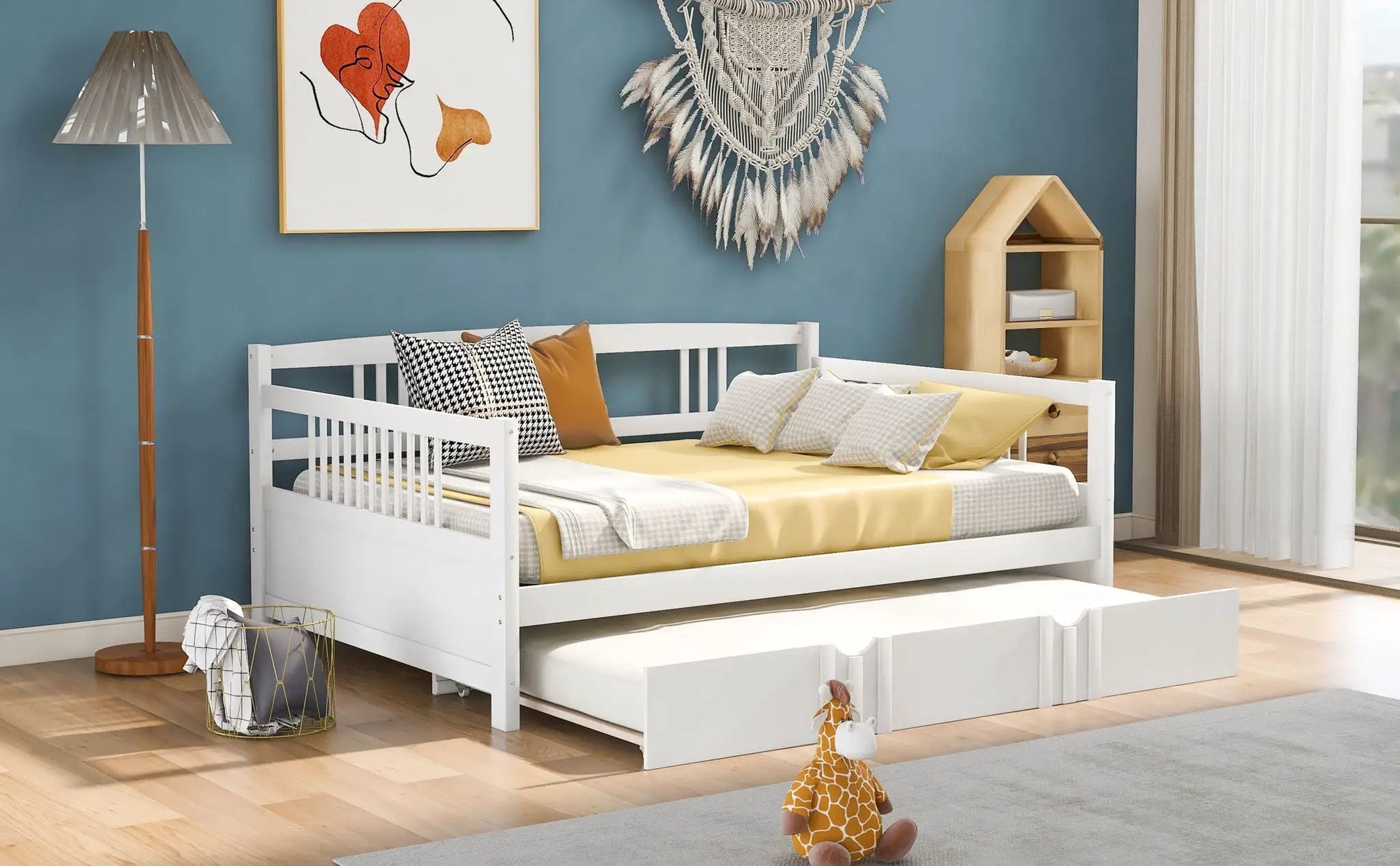 Multifunctional Modern Daybed with white frame and built-in storage drawers, yellow bedding on Tampa Home & Garden Store