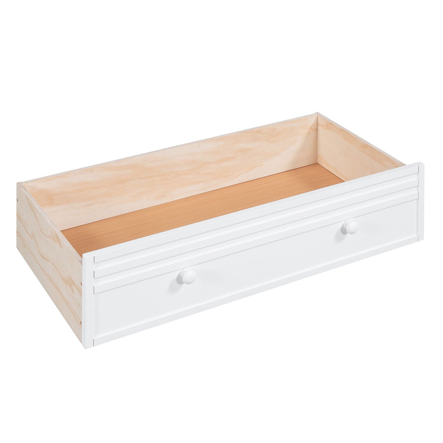 Bunk bed storage drawer white exterior with natural wood interior and two knobs on Tampa Home & Garden Store
