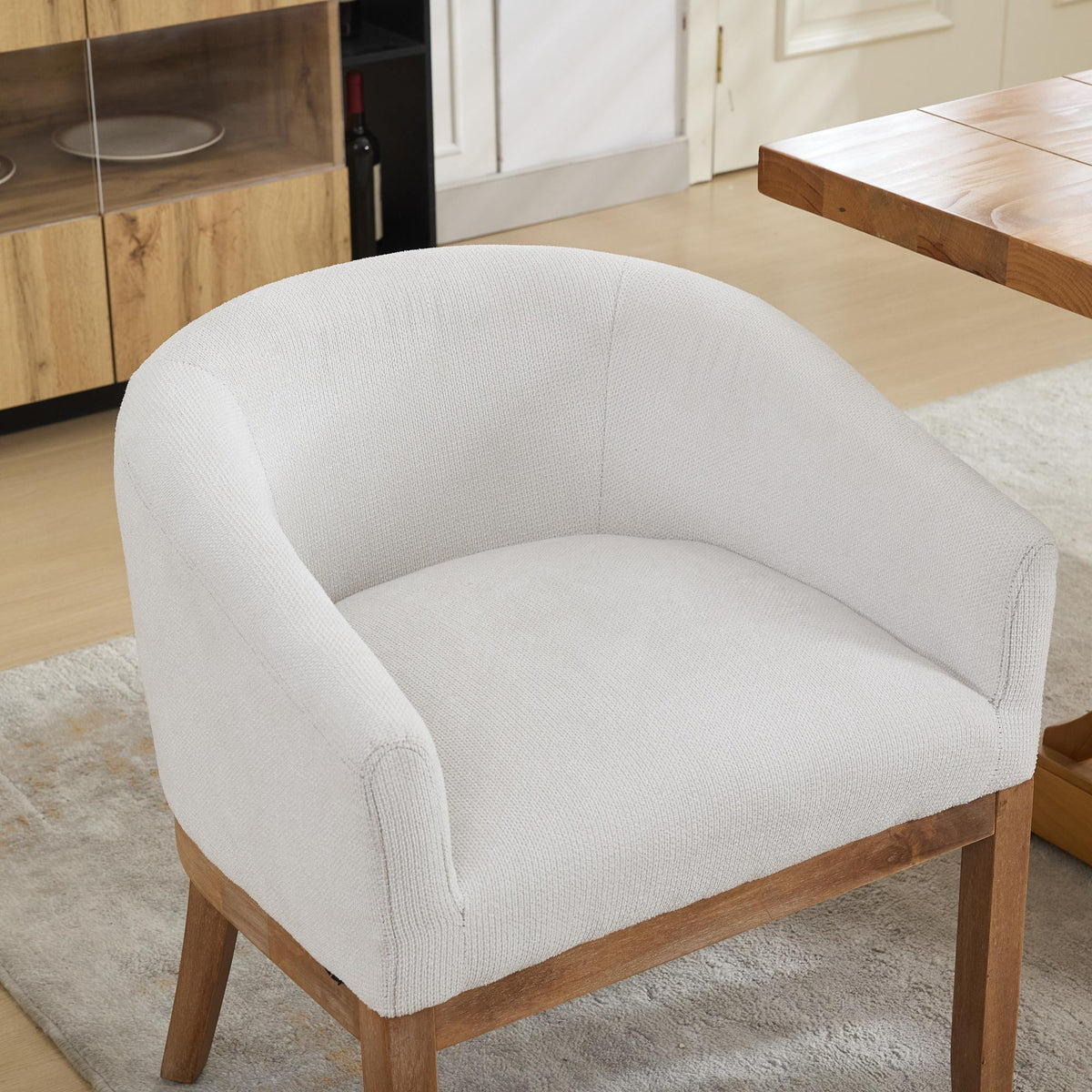 Mid Century Modern upholstered barrel dining chair with arms in gray fabric HouseOfZazla on Tampa Home & Garden Store