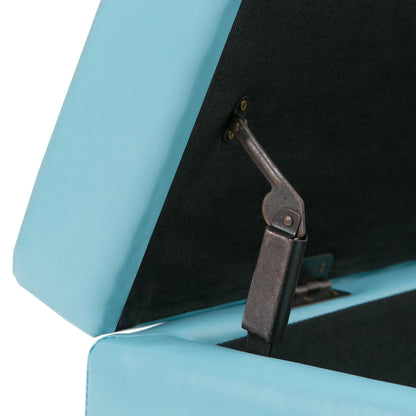 Avalon storage ottoman bench turquoise frame with black fabric and metal hinge hardware on Tampa Home & Garden Store