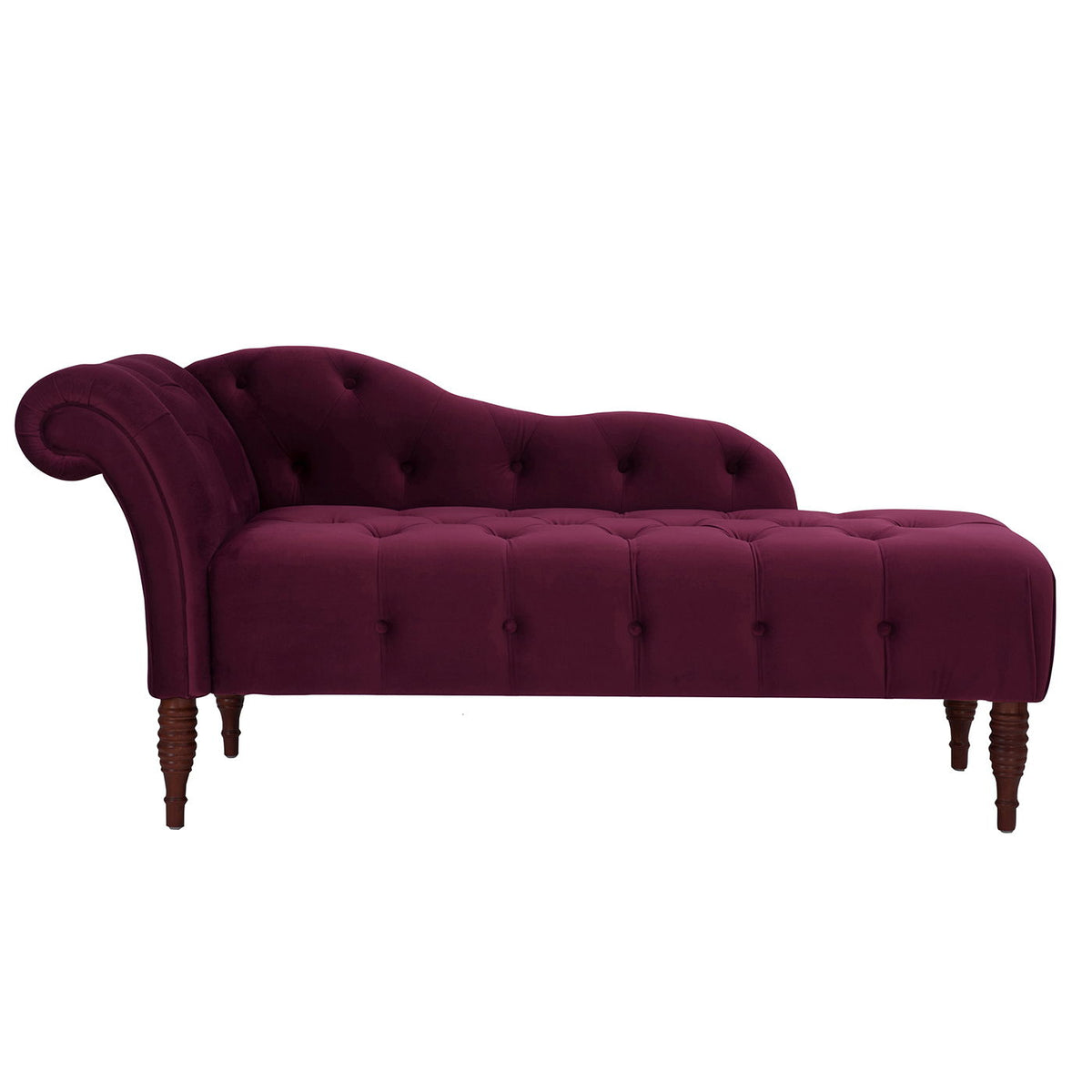 Tufted roll-arm chaise lounge in dark red velvet with button tufting and wooden legs on Tampa Home & Garden Store