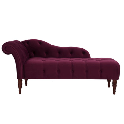 Tufted roll-arm chaise lounge in dark red velvet with button tufting and wooden legs on Tampa Home & Garden Store