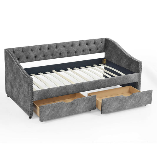 Upholstered tufted daybed with 2 drawers, gray fabric, waved arms HouseOfZazla on Tampa Home & Garden Store