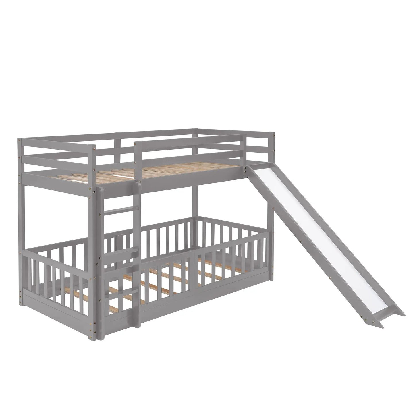 Functional bunk bed with ladder and slide, gray finish, wood slat base, Unique Piece Furniture on Tampa Home & Garden Store