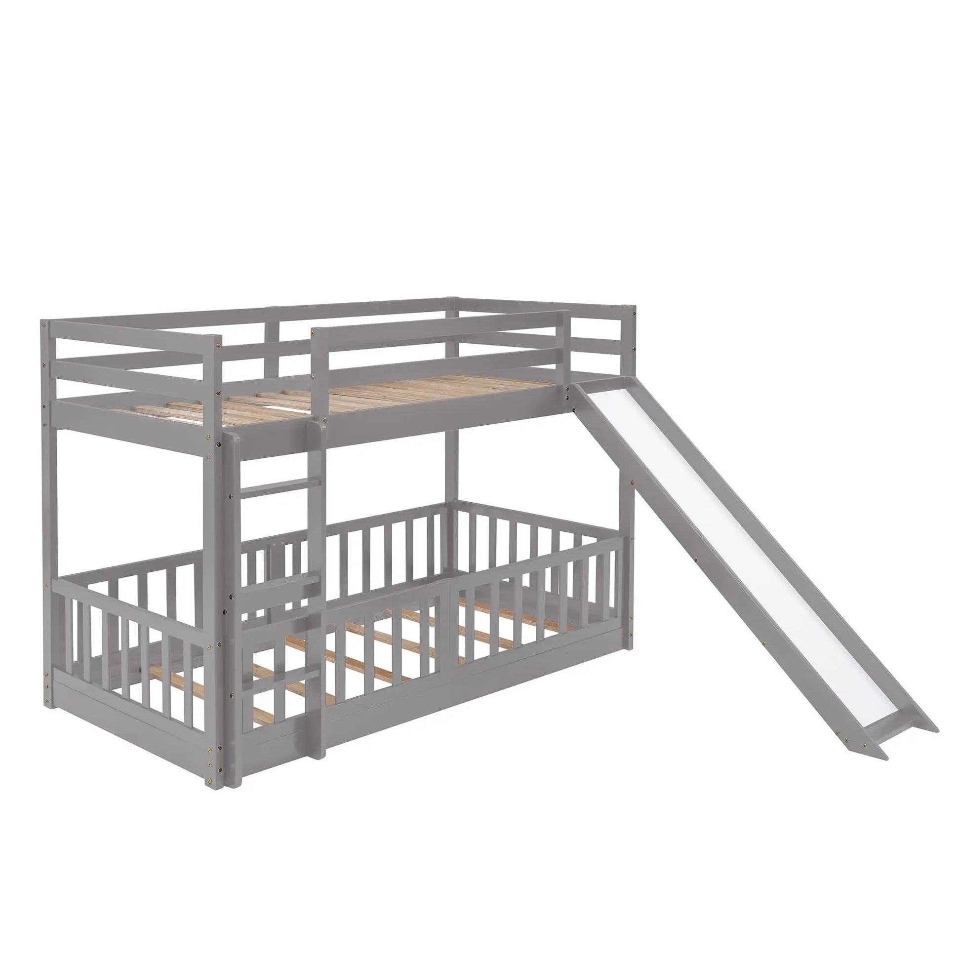 Functional bunk bed with ladder and slide, gray finish, wood slat base, Unique Piece Furniture on Tampa Home & Garden Store