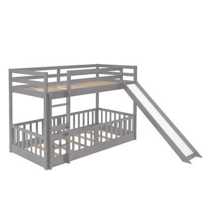 Functional bunk bed with ladder and slide, gray finish, wood slat base, Unique Piece Furniture on Tampa Home & Garden Store