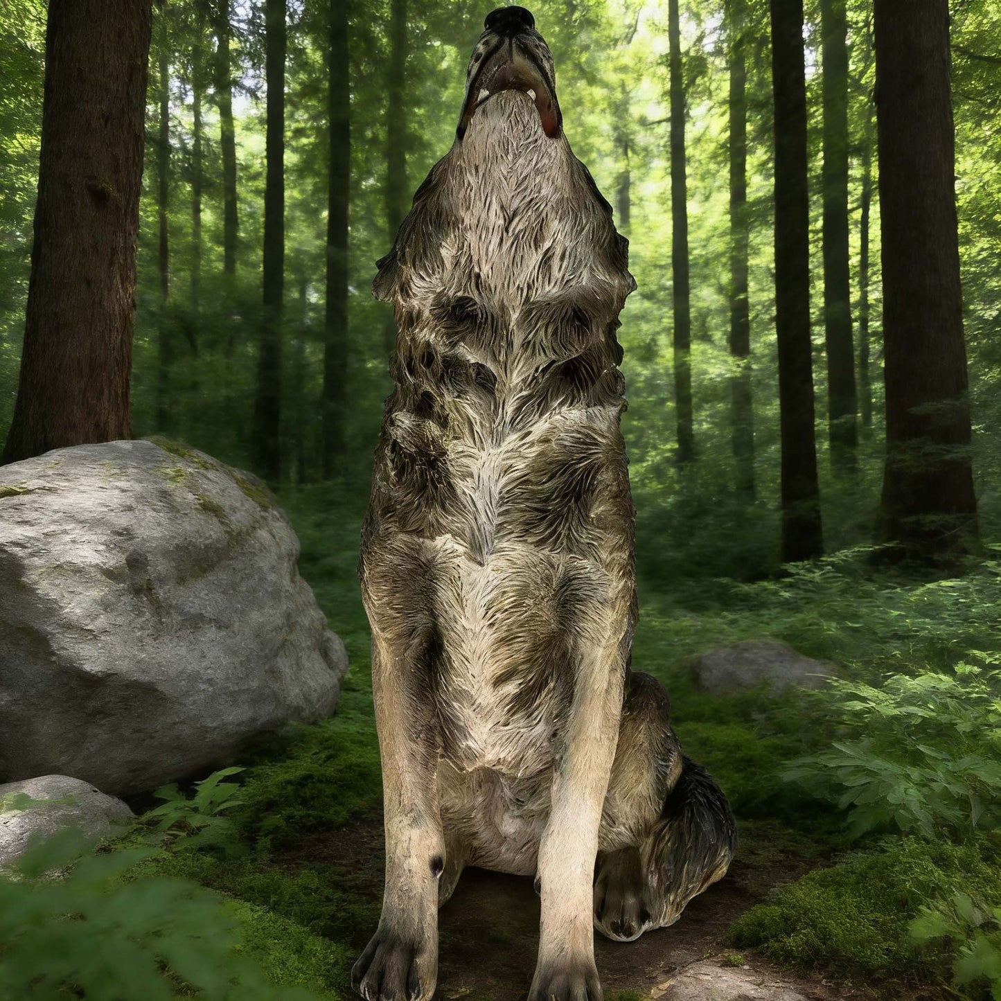 Simulated Howling Wolf Garden Statue, tall gray stone-textured sculpture by HouseOfZazla on Tampa Home & Garden Store