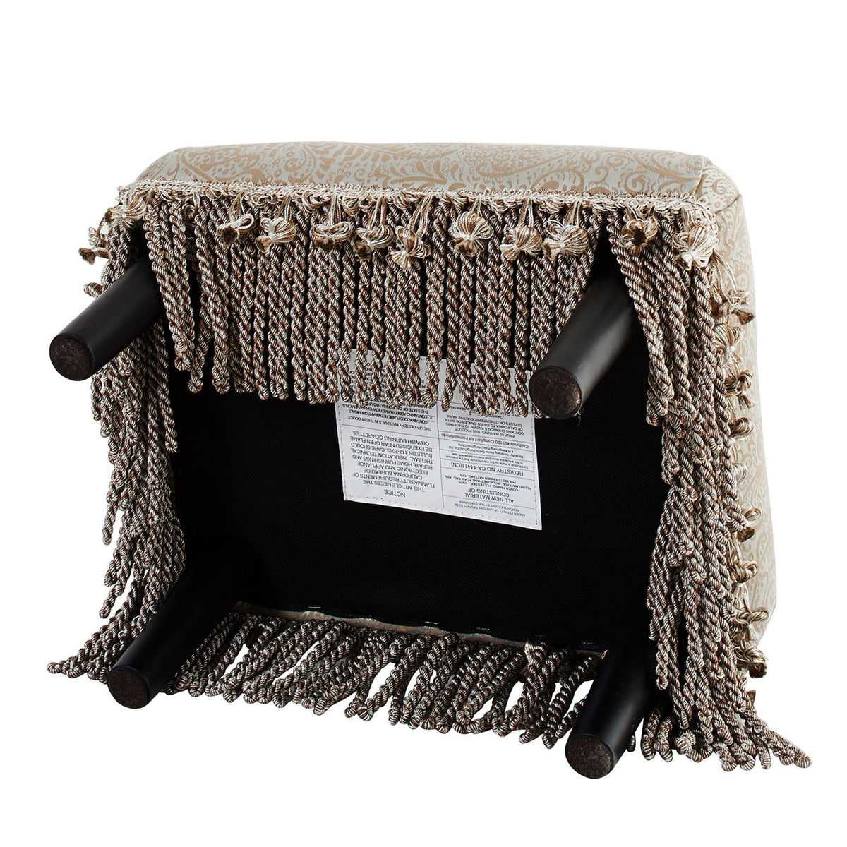 Footstool ottoman by HouseOfZazla with beige fabric, solid wood frame, and fringe tassels on Tampa Home & Garden Store