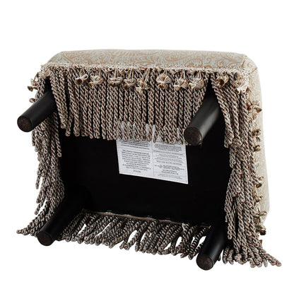 Footstool ottoman by HouseOfZazla with beige fabric, solid wood frame, and fringe tassels on Tampa Home & Garden Store