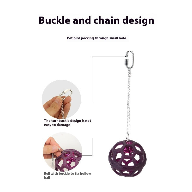 Plastic gnawing molar parrot toy with hollow purple ball and bell on a metal hanging chain on Tampa Home & Garden Store