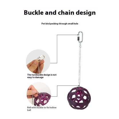 Plastic gnawing molar parrot toy with hollow purple ball and bell on a metal hanging chain on Tampa Home & Garden Store
