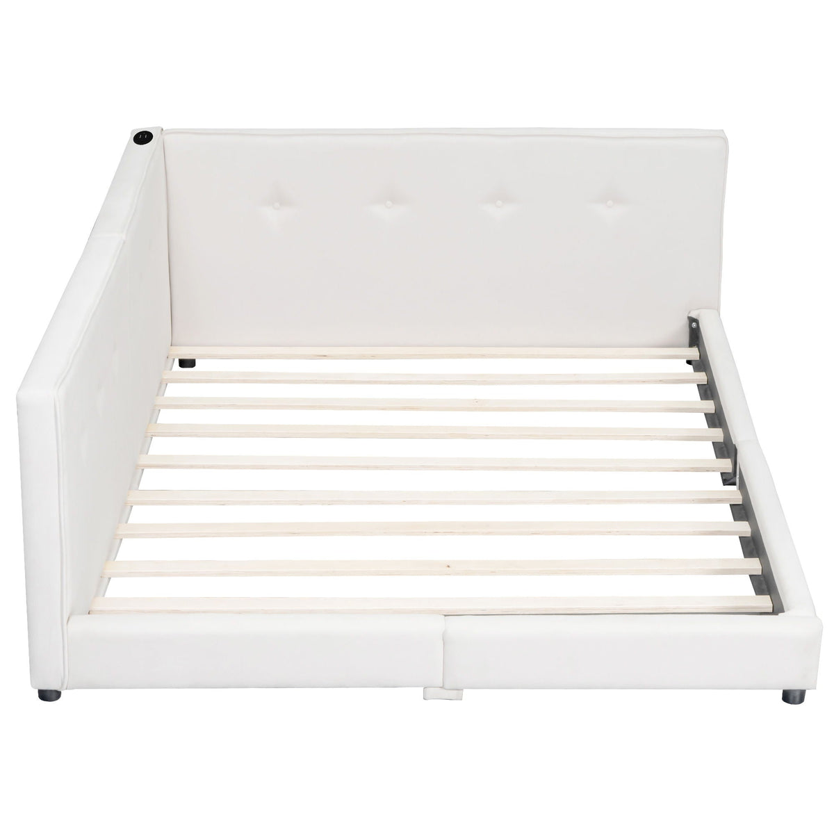 Modern white upholstered platform bed with tufted headboard and wooden slats HouseOfZazla on Tampa Home & Garden Store