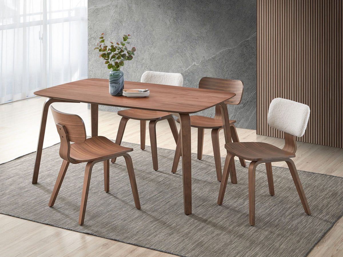 Boucle Walnut Side Chair Set with White Upholstery, set of 2 around walnut table in dining room on Tampa Home & Garden Store