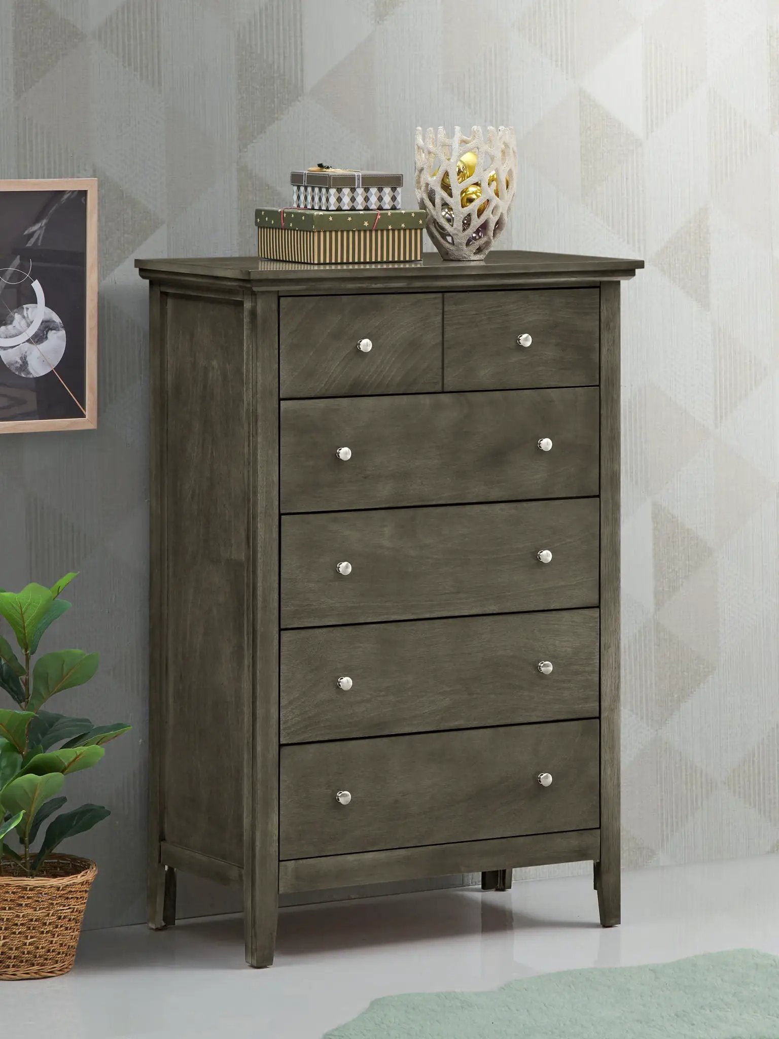 Hammond Chest by Unique Piece Furniture gray distressed accent chest with silver knobs decor on Tampa Home & Garden Store