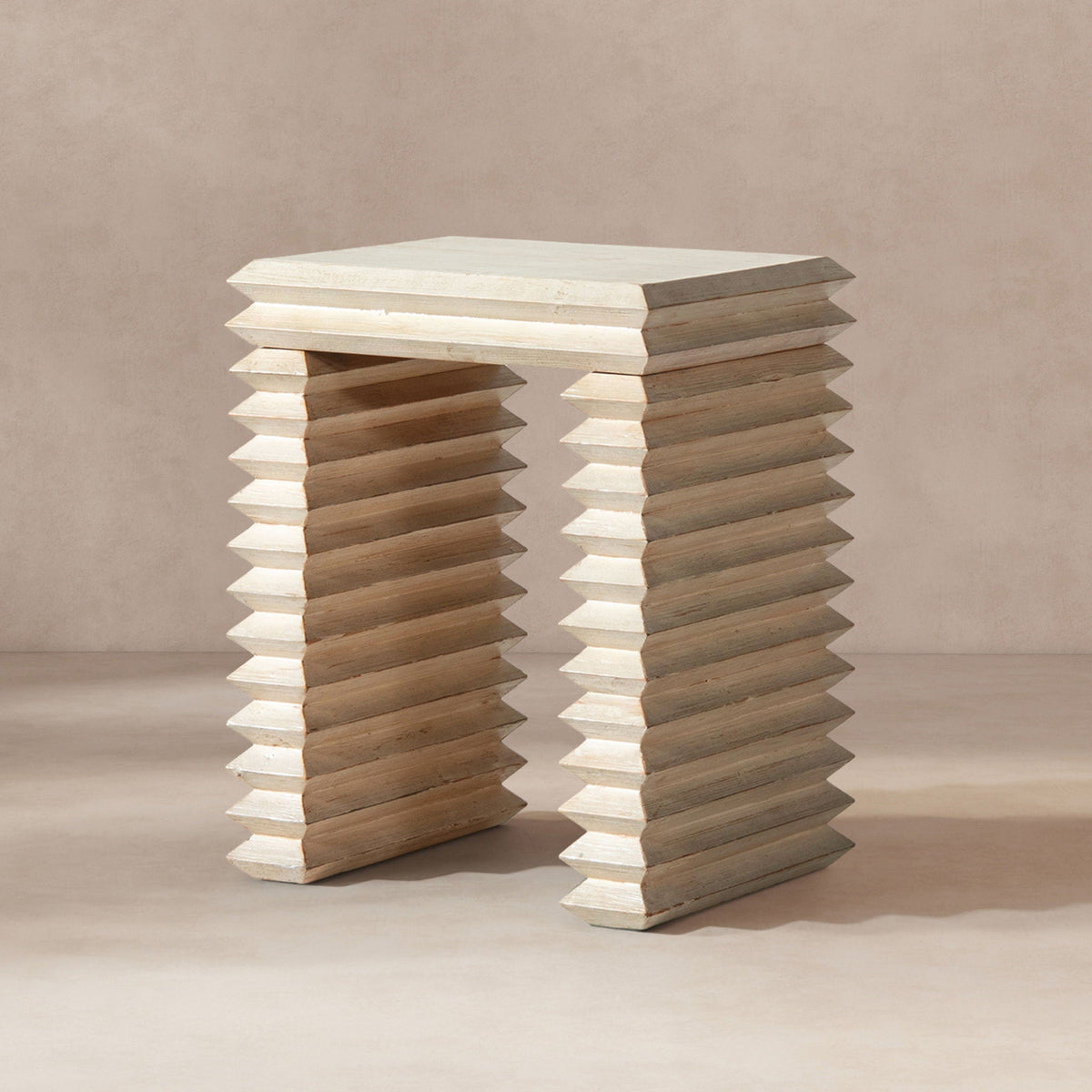 Geometric waterfall console table in solid light wood with whitewash finish on Tampa Home & Garden Store