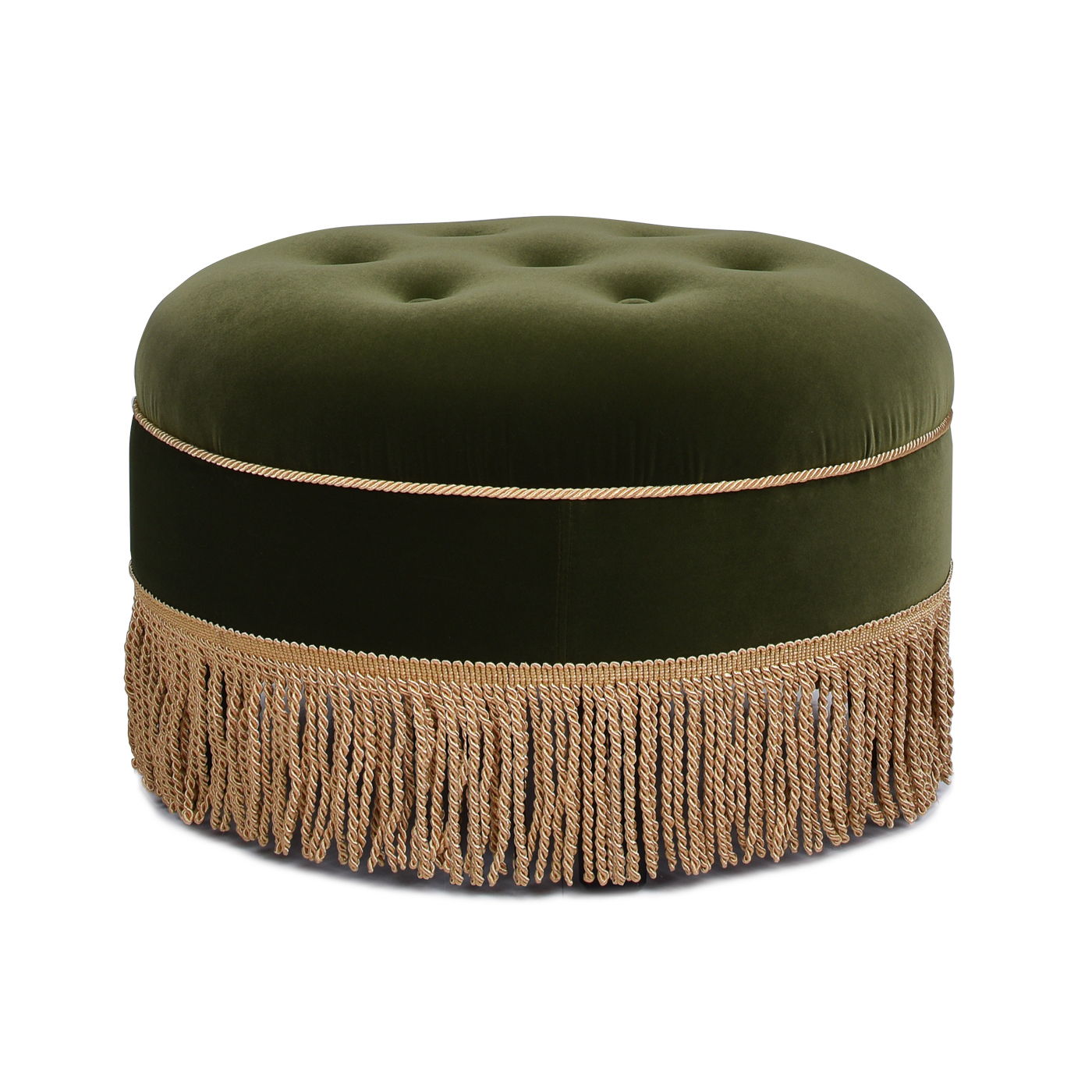 Yolanda round upholstered ottoman in olive green velvet with gold fringe trim on Tampa Home & Garden Store