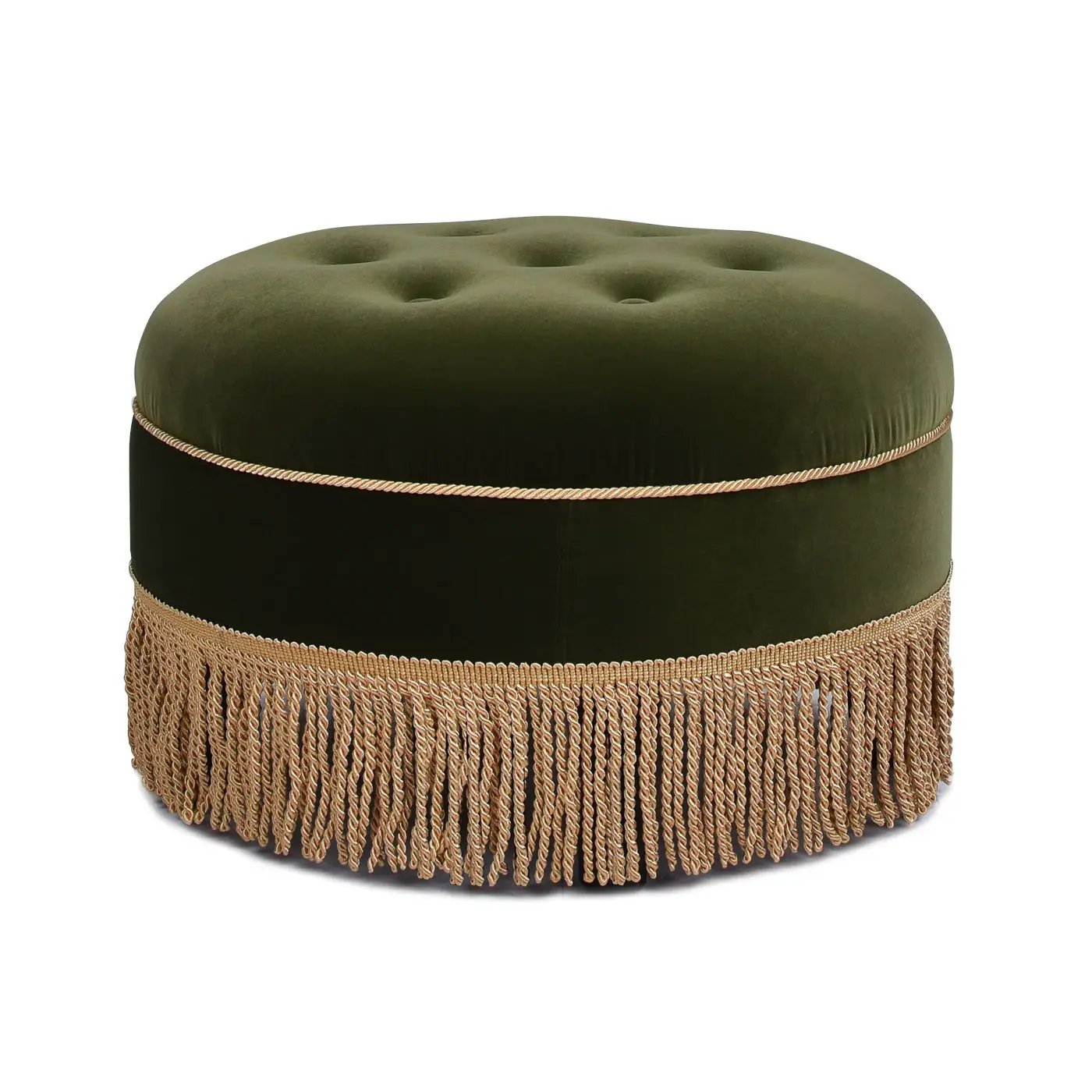 Yolanda round upholstered ottoman in olive green velvet with gold fringe trim on Tampa Home & Garden Store