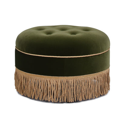 Yolanda round upholstered ottoman in olive green velvet with gold fringe trim on Tampa Home & Garden Store