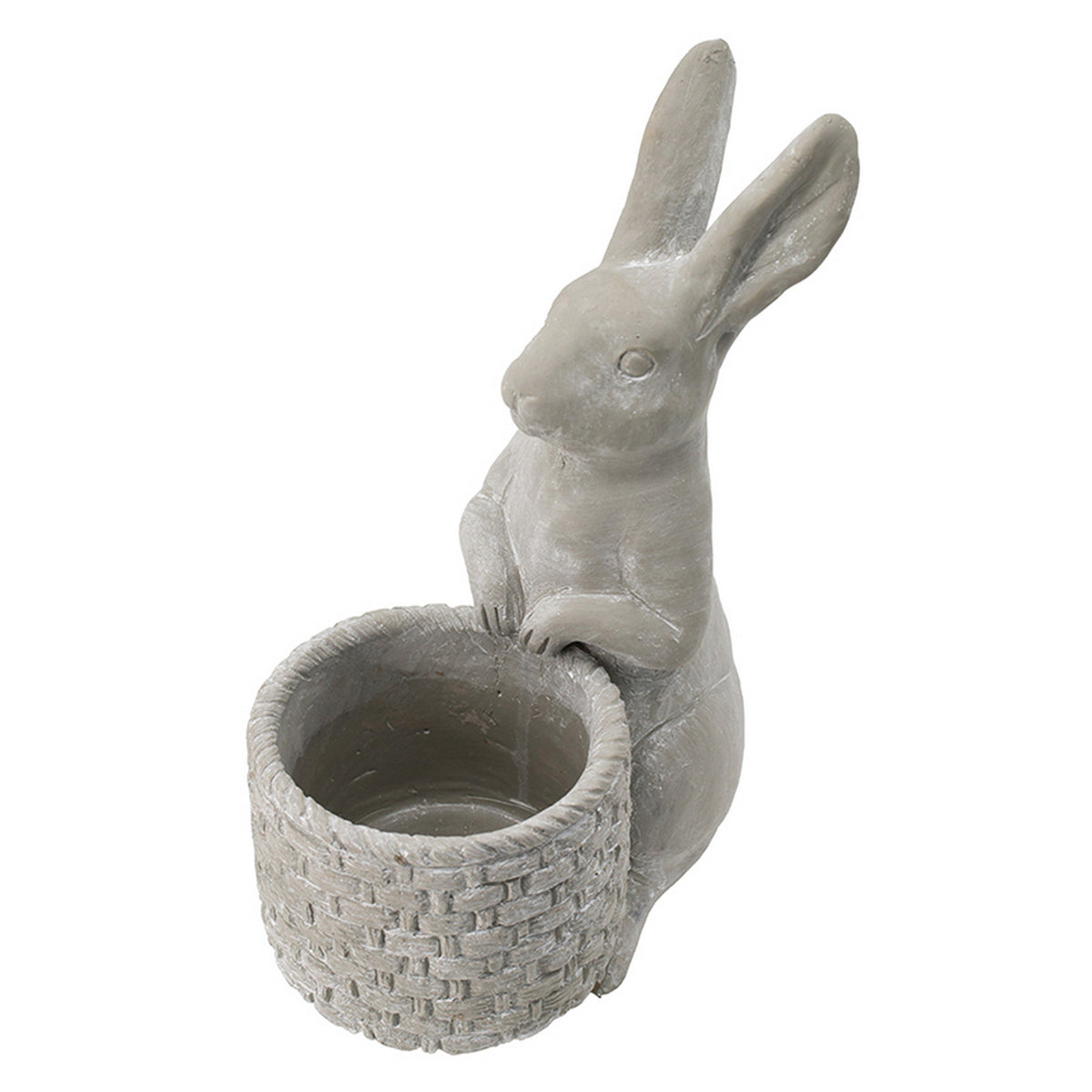 Decorative cement rabbit planter in gray with woven basket by Meridian Trade Co on Tampa Home & Garden Store