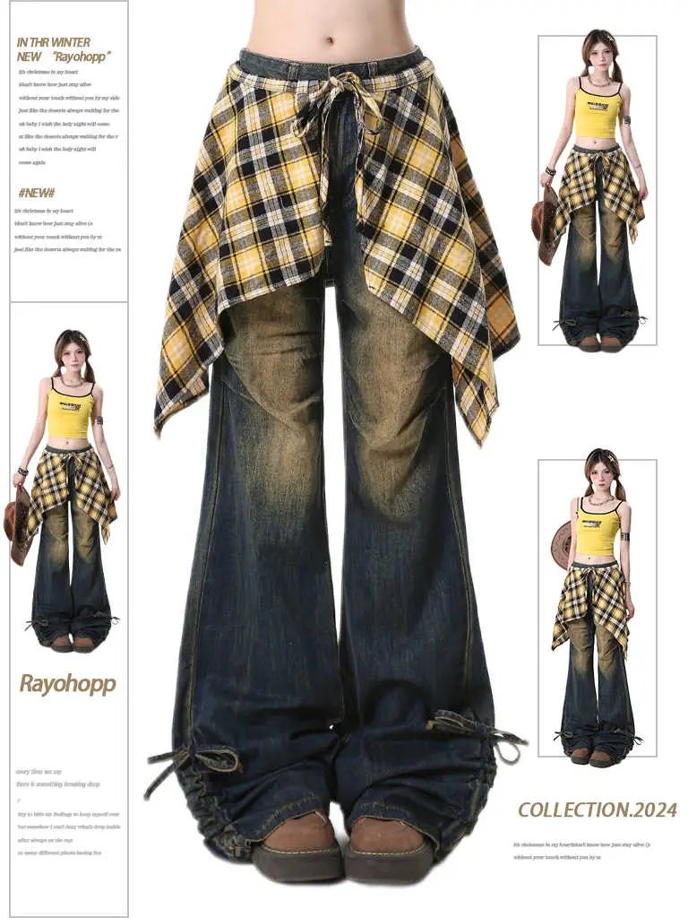 Jeans Women's Bootcut Denim Pants with yellow plaid wrap skirt tied at waist FLIPSTYLEZLLC on Tampa Home & Garden Store