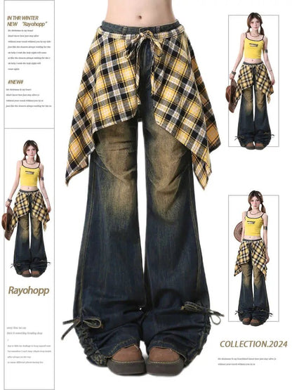 Jeans Women's Bootcut Denim Pants with yellow plaid wrap skirt tied at waist FLIPSTYLEZLLC on Tampa Home & Garden Store