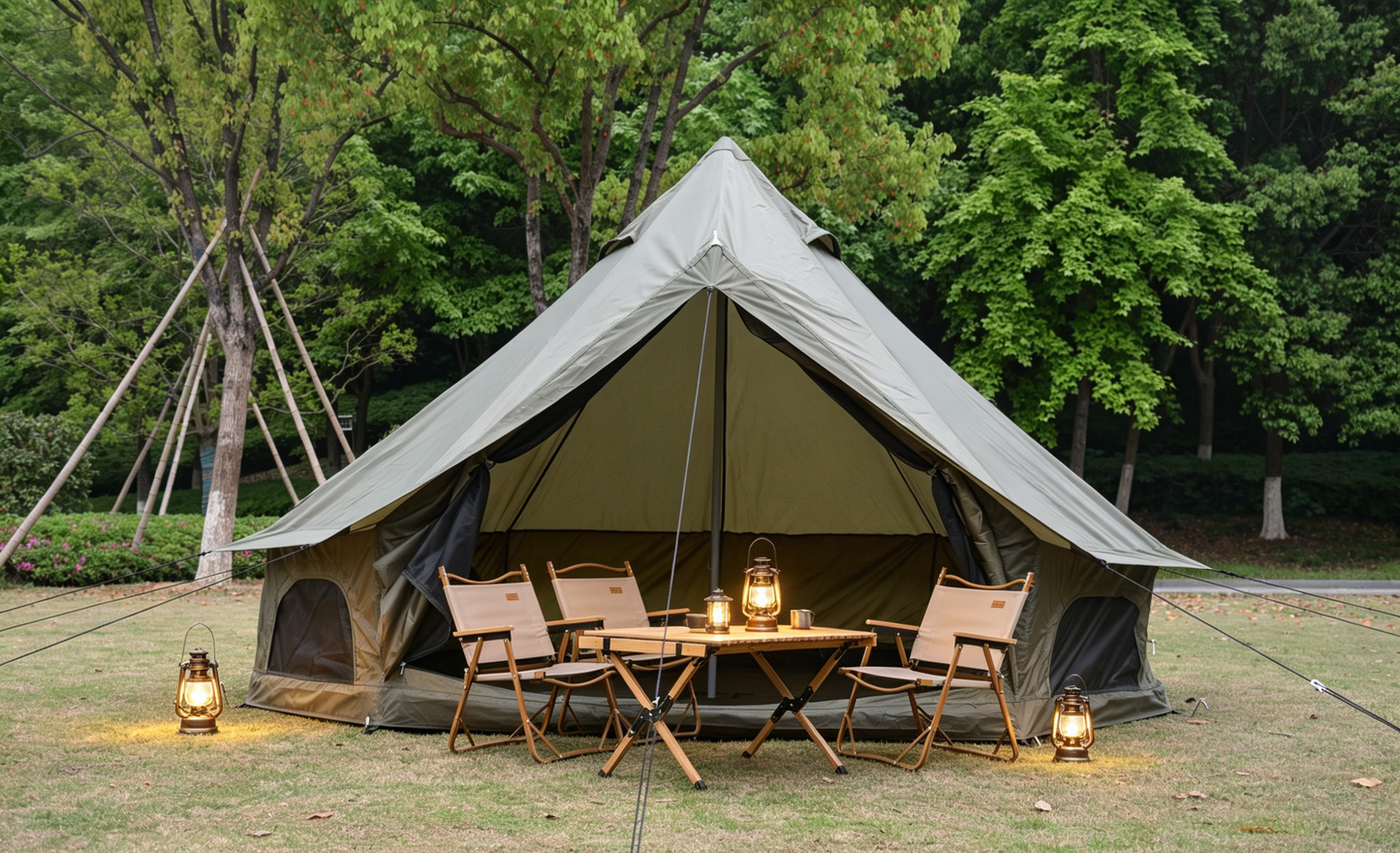 Oxford Bell Tent by HouseOfZazla, beige canvas camping tent with table and chairs on Tampa Home & Garden Store