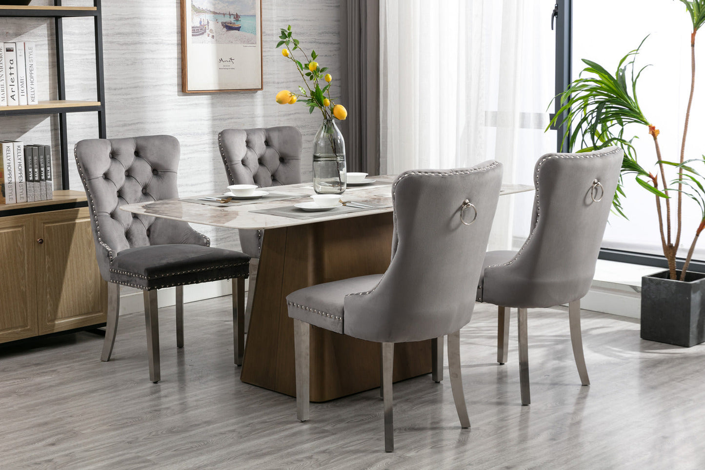 HouseOfZazla Nikki Collection velvet dining chairs, gray tufted w/ nailhead trim - set of 2 on Tampa Home & Garden Store