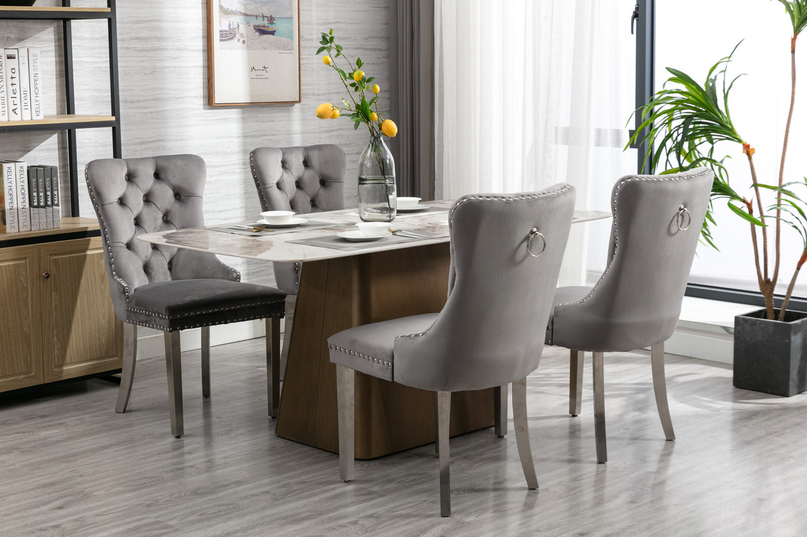 HouseOfZazla Nikki Collection velvet dining chairs, gray tufted w/ nailhead trim - set of 2 on Tampa Home & Garden Store