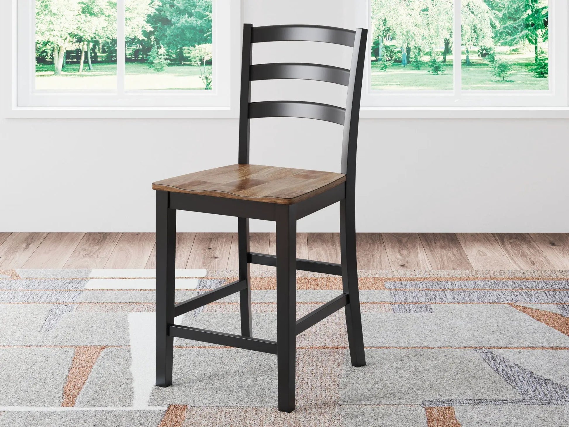 Wildenauer barstool set of 2 with brown wood seat and black ladder-back frame on Tampa Home & Garden Store