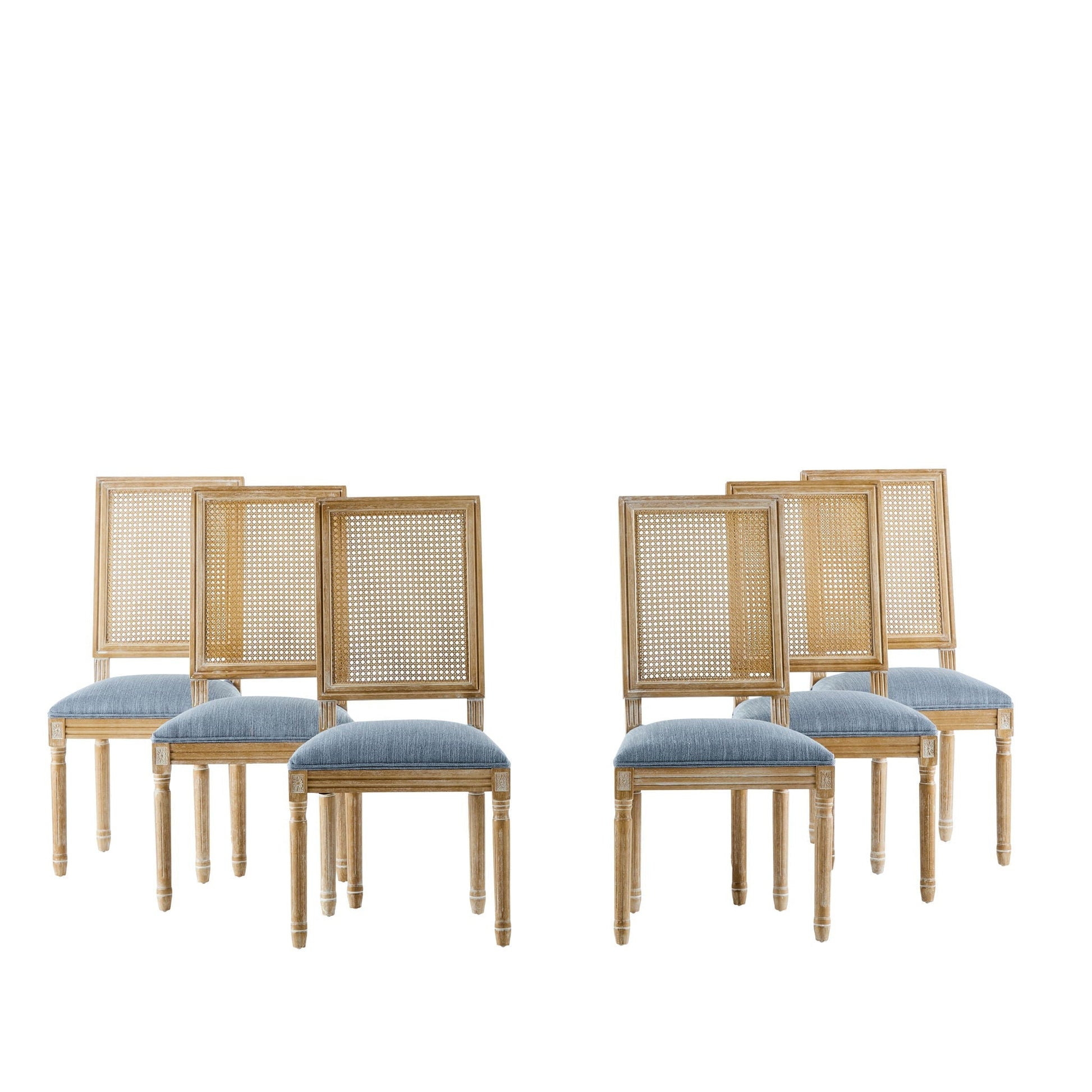 French Country dining chairs set of 6 with rectangular cane backrests and blue upholstered seats on Tampa Home & Garden Store