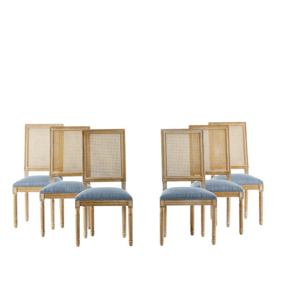 French Country dining chairs set of 6 with rectangular cane backrests and blue upholstered seats on Tampa Home & Garden Store
