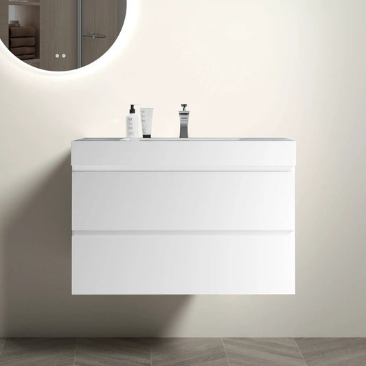 Alice floating white bathroom vanity with large storage and one-piece sink on Tampa Home & Garden Store