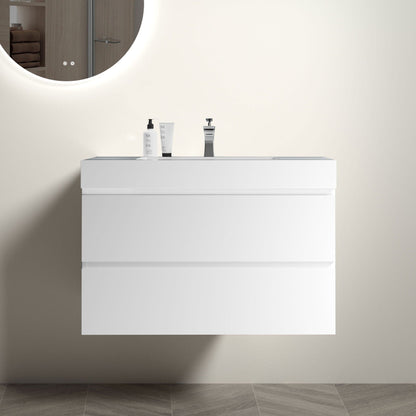 Modern floating bathroom vanity with large storage in white; wall-mounted with chrome faucet on Tampa Home & Garden Store