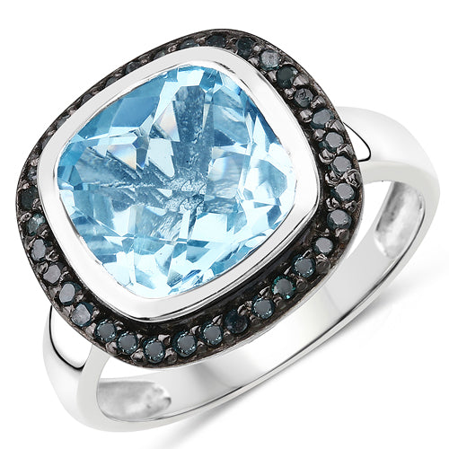 Ring: 5.23ct cushion-cut Swiss blue topaz with black diamond halo in .925 sterling silver on Tampa Home & Garden Store