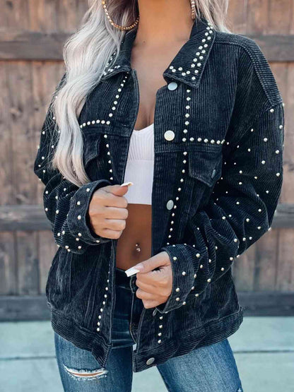 Women’s collared button-down jacket by Stevvex with pearl studs, black corduroy jacket on Tampa Home & Garden Store