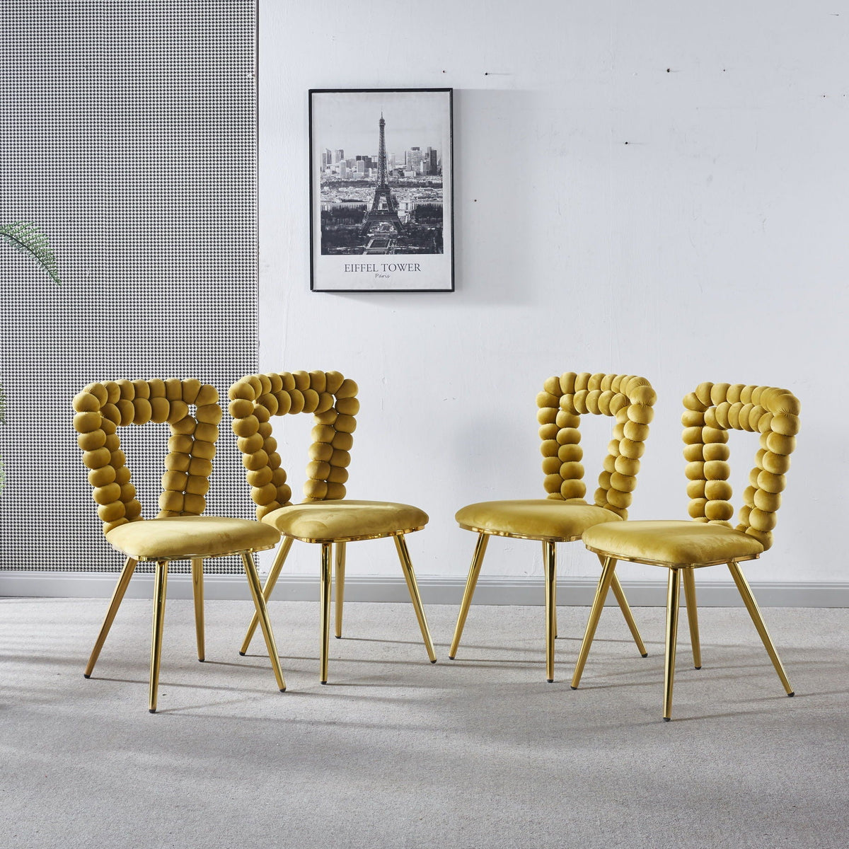 Modern chair set by HouseOfZazla with iron tube legs and soft mustard cushions, 5 chairs on Tampa Home & Garden Store