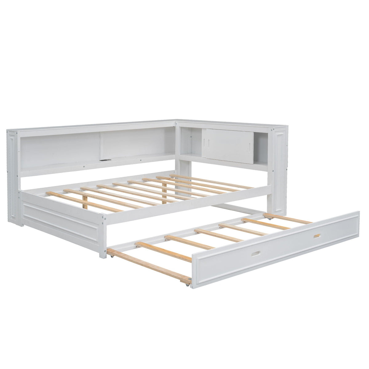 White daybed frame with built-in storage shelf and pull-out trundle, slatted bed support on Tampa Home & Garden Store