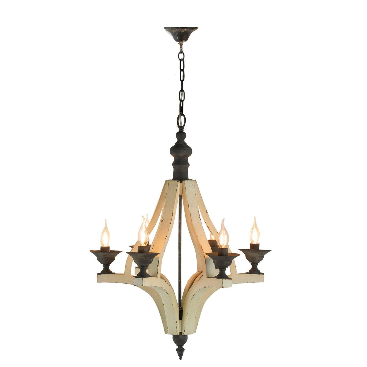 HouseOfZazla 6-light wood chandelier with cream finish and black metal accents, chain-hung on Tampa Home & Garden Store