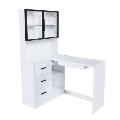L-shaped white desk with black-framed glass cabinets and a 3-drawer storage unit on Tampa Home & Garden Store