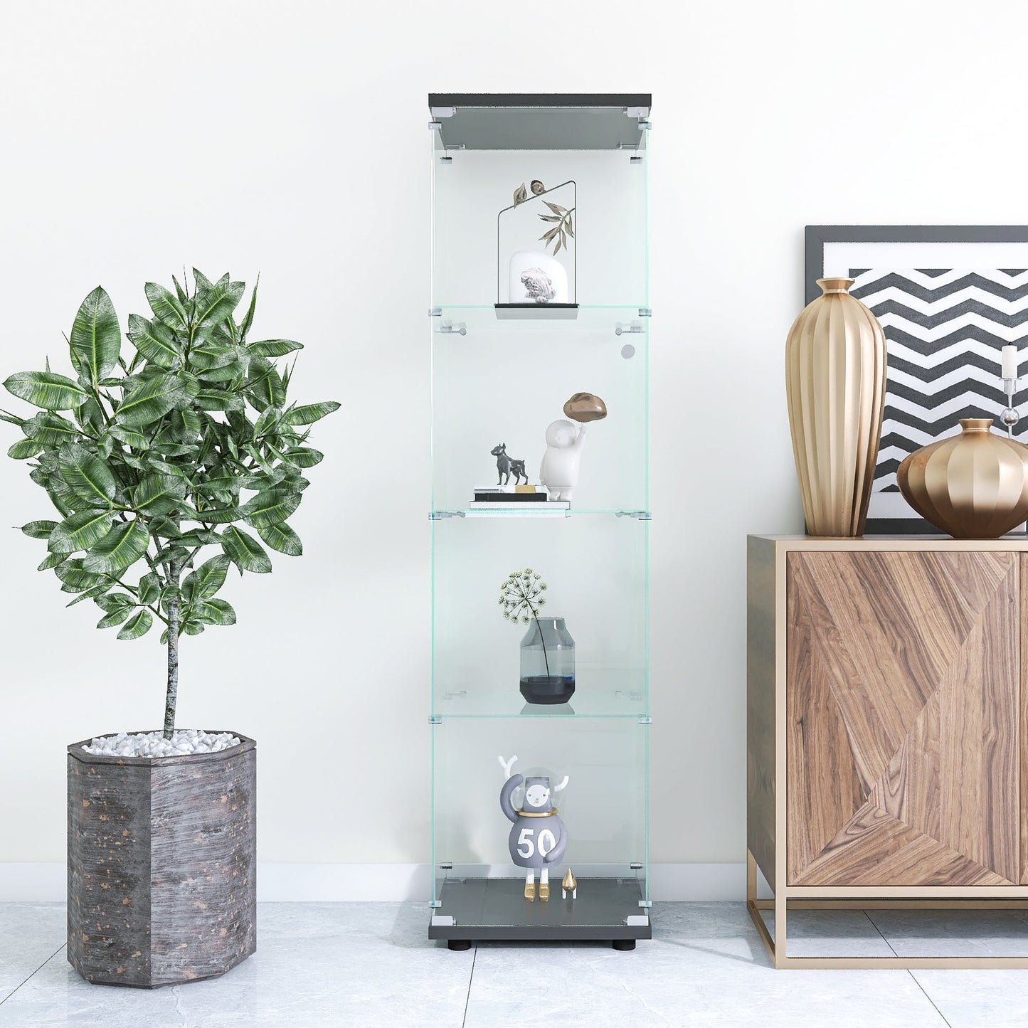 4 glass display cabinets with door shelves, floor standing antique bookshelf, 64.7 "* 16.7" * 14.3 ", black - Tampa Home & Garden Store