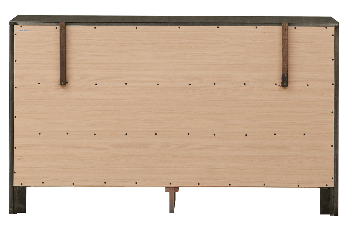 Burlington gray dresser back panel with natural wood veneer and dark metal frame on Tampa Home & Garden Store