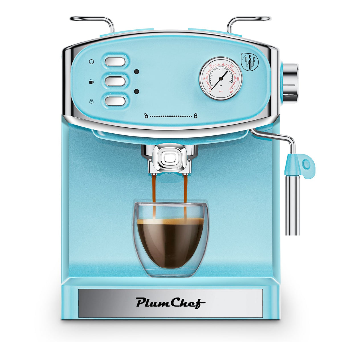 Espresso machine PlumChef turquoise blue, 20 bar gauge, dual chrome steam wands on Tampa Home & Garden Store