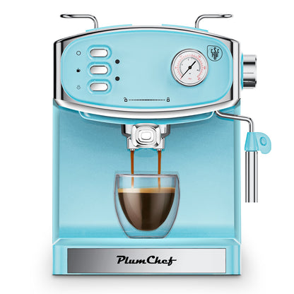 Espresso machine PlumChef turquoise blue, 20 bar gauge, dual chrome steam wands on Tampa Home & Garden Store